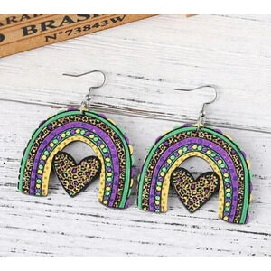 Vintage Rainbow Heart Wooden Dangle Earrings Colorful Mardi Gras Leopard…
